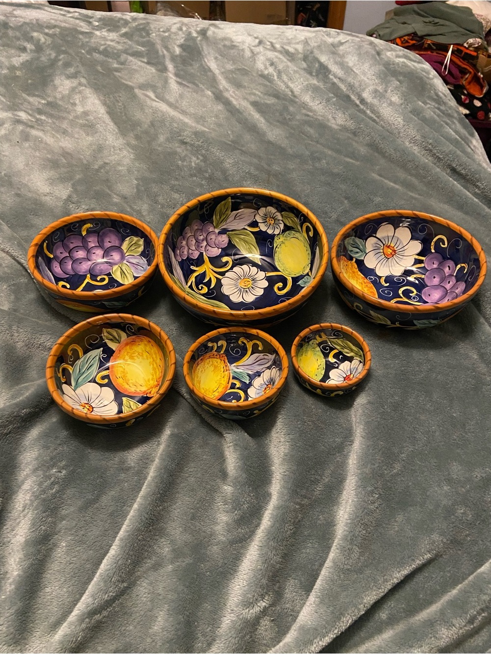Hand-Painted Ceramic Fruit and Floral Nesting Bowls - Blue & Yellow